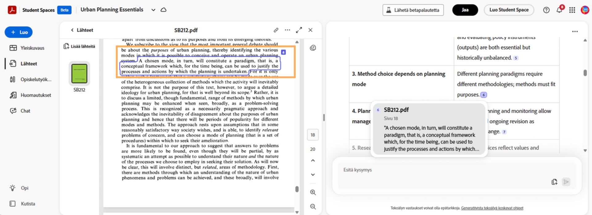 Student Space näyttää lähde-PDF:n tekoälyselityksen rinnalla viittausmerkeillä, jotka linkittävät selitykset suoraan viitattuun osioon alkuperäisessä asiakirjassa.