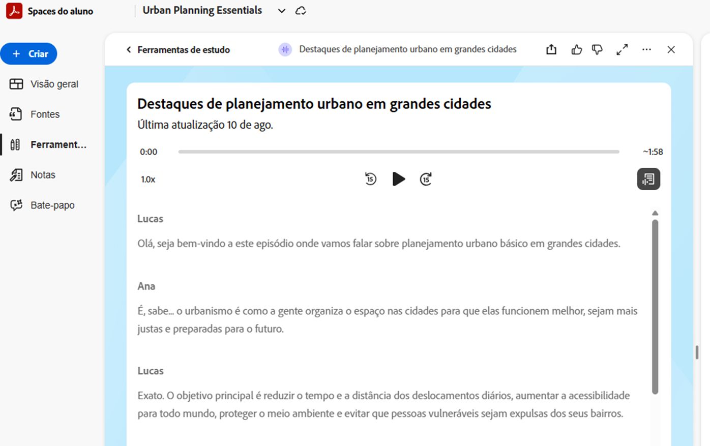 Space do aluno mostrando o player de áudio dos destaques com controles de reprodução e uma transcrição sincronizada para um tópico.