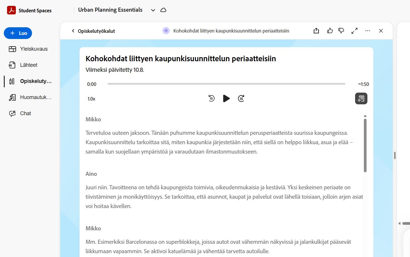 Student Space, joka näyttää kohokohtien äänisoittimen toisto-ohjaimineen ja aiheen synkronoidun tekstiversion.