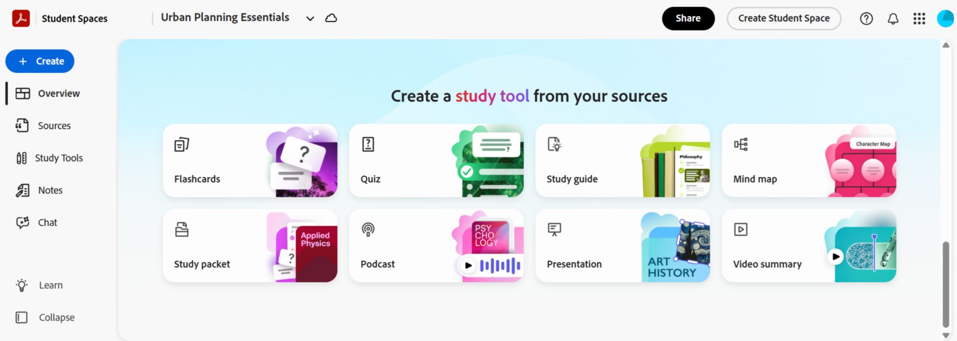 Student Spaces overview na nagpapakita ng grid ng mga tool sa pag-aaral, kasama ang mga flashcard, quiz, gabay sa pag-aaral, packet ng pag-aaral, podcast, presentation, at buod ng video.