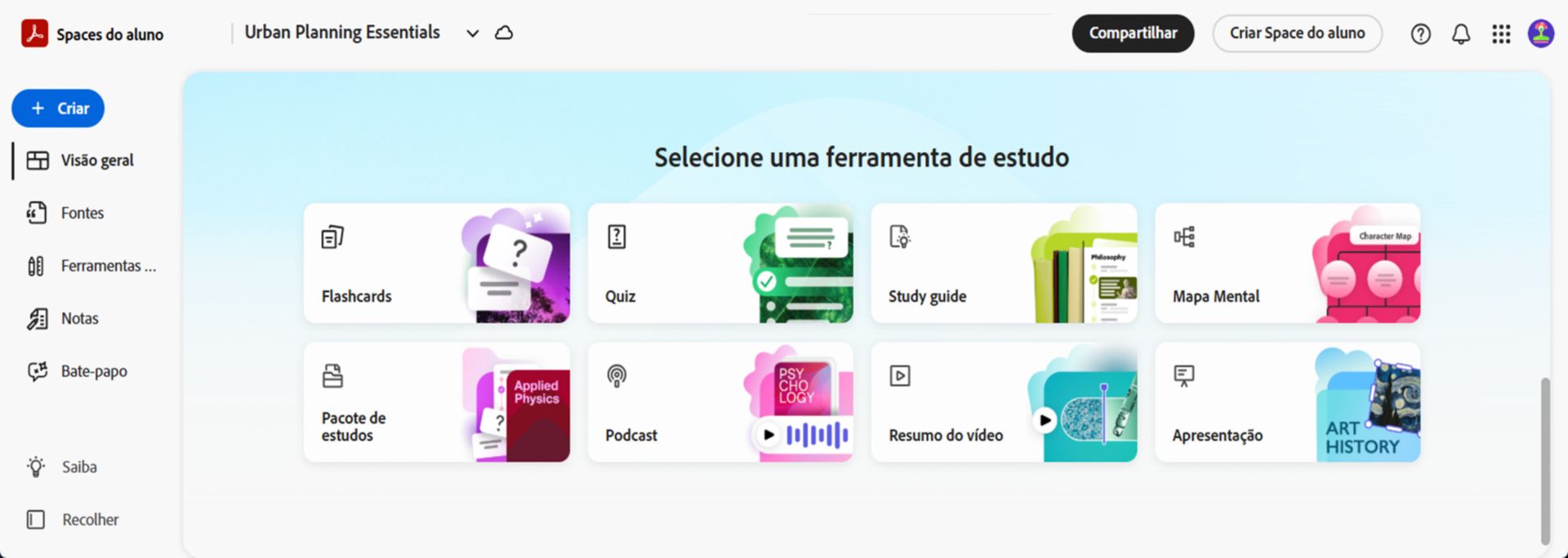 Visão geral do Spaces do aluno mostrando uma grade de ferramentas de estudo, incluindo flashcards, questionários, guias de estudo, pacotes de estudos, podcasts, apresentações e resumos de vídeo.