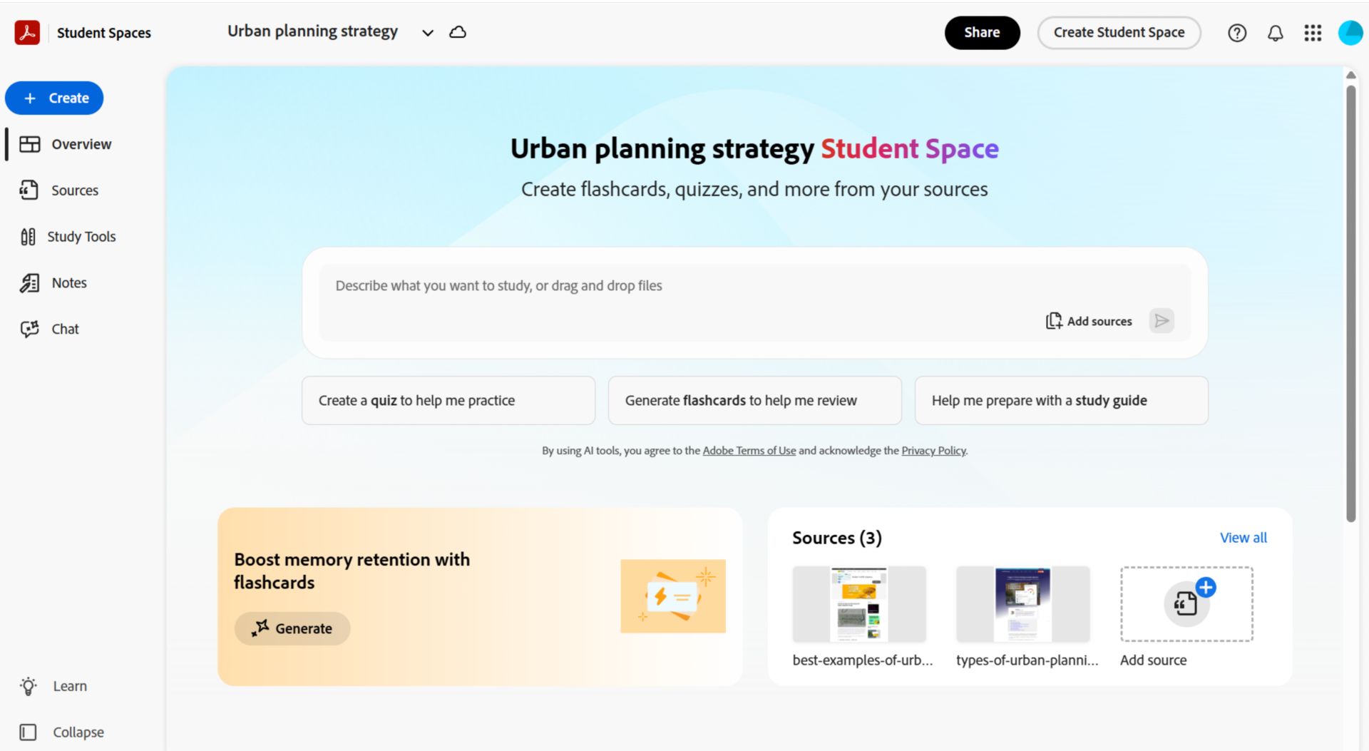 Overview ng Student Spaces na nagpapakita ng chat panel, naka-upload na mga source sa itaas at grid ng mga study tool, kasama ang mga flashcard, quiz, study guide, study packet, podcast, presentation, at buod ng video.