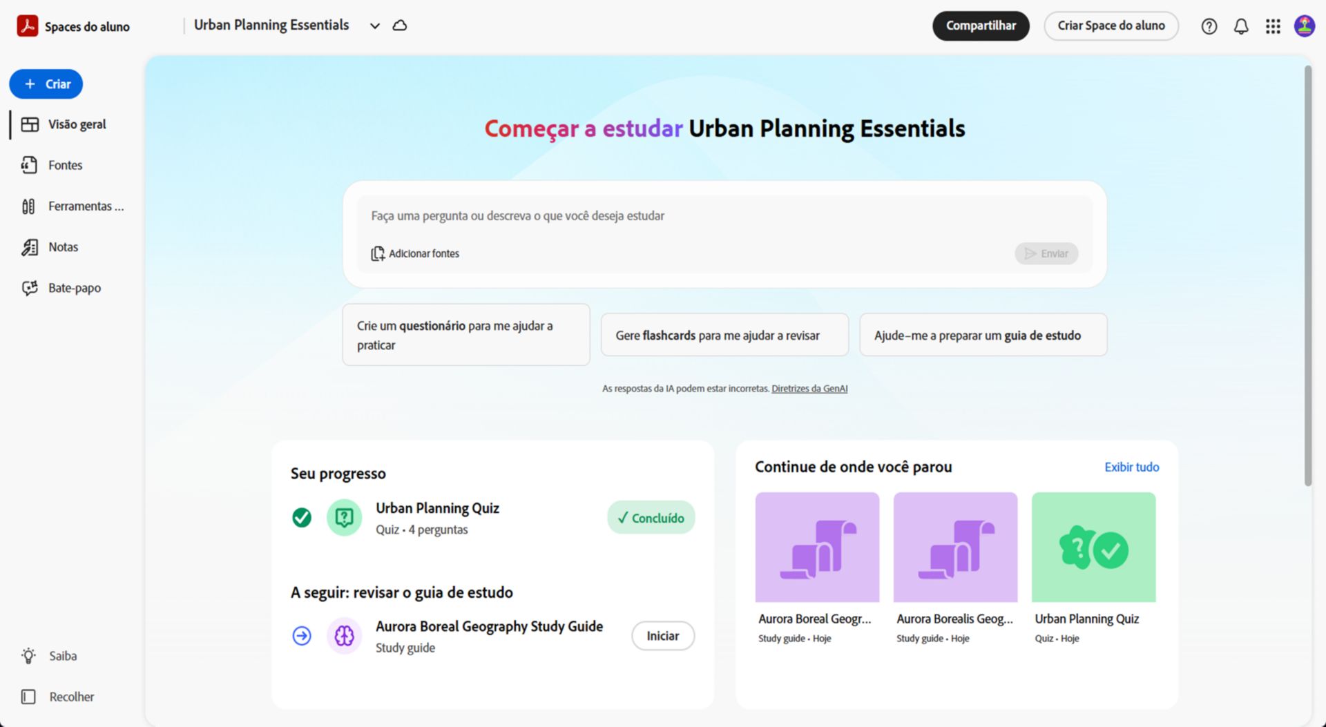 Visão geral dos Spaces do aluno mostrando o painel de chat, fontes carregadas na parte superior e uma grade de ferramentas de estudo, incluindo flashcards, questionários, guias de estudo, pacotes de estudos, podcasts, apresentações e resumos de vídeo.