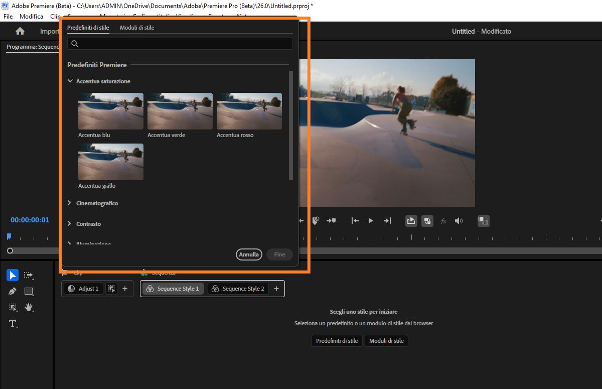 Pannello Style Presets aperto con opzioni predefinite cinematografiche nel pannello Color Tools.