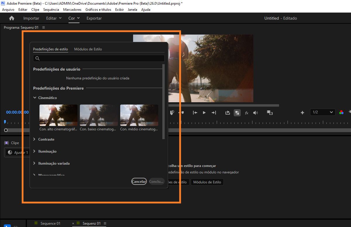 Painel Predefinições de estilo aberto com opções de predefinição cinematográfica no painel Ferramentas de cor.