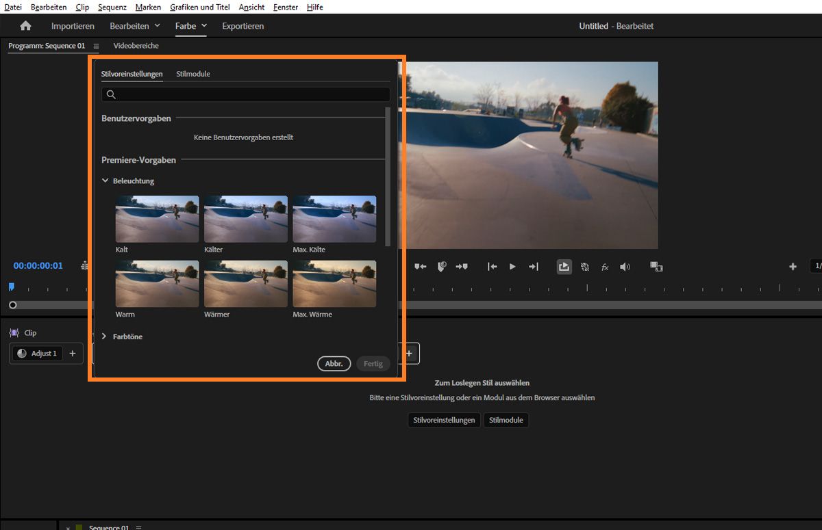 Stil-Browser zeigt Voreinstellungen und Kategorien zum Auswählen und Anwenden von Stilen im Farbwerkzeug-Bedienfeld.