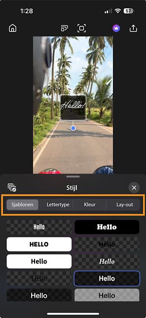 Het venster Stijl wordt geopend met de opties voor Sjablonen, Lettertype, Kleur en Lay-out gemarkeerd.