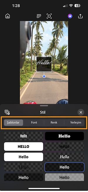 Stil penceresi; Şablonlar, Font, Renk ve Yerleşim seçenekleri vurgulanmış şekilde açılır.