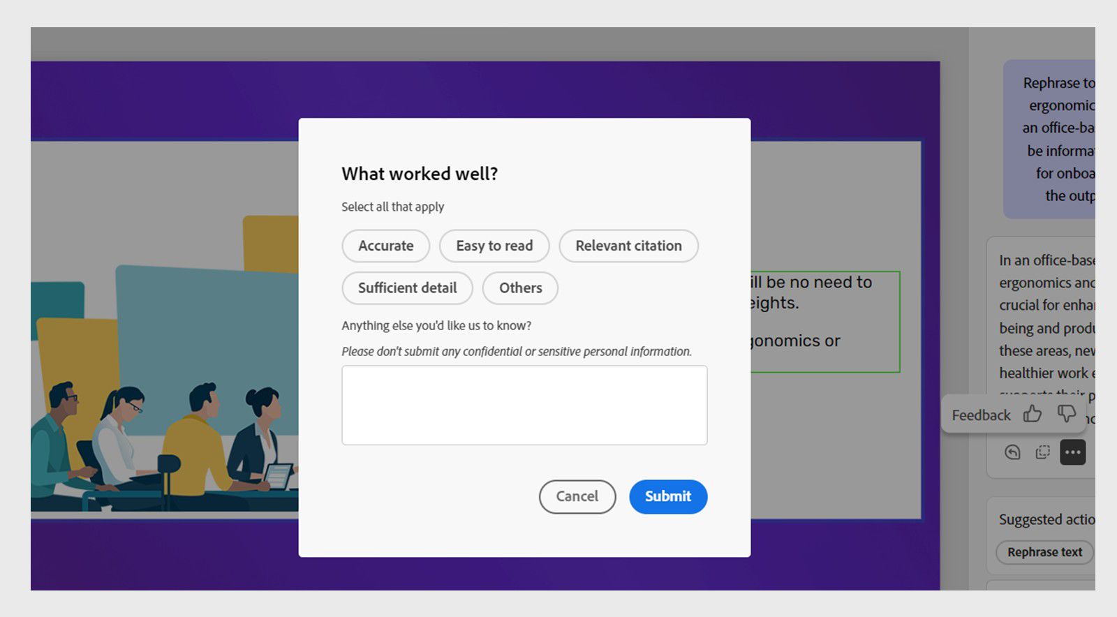 Feedback submission form with a text field for additional details and a submit button.
