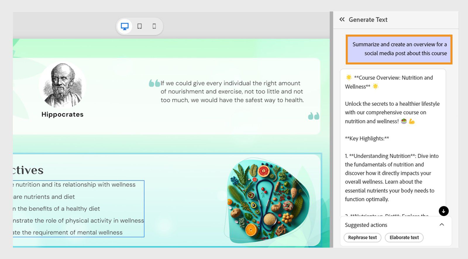 Generate text dialog with the prompt 'Summarize and create an overview for a social media post about this course' for nutrition and wellness content.