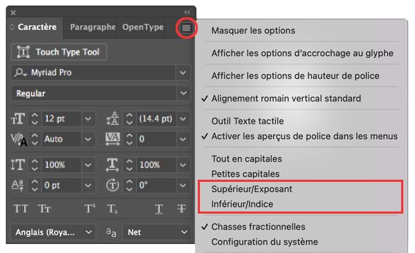 Options Supérieur/Exposant et Inférieur/Indice du menu du panneau Caractère