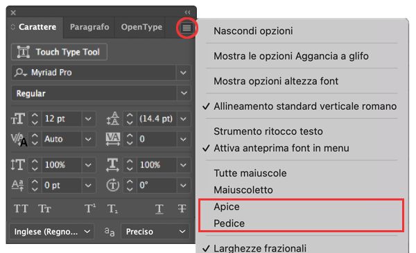 Opzioni Apice e Pedice nel menu del pannello Carattere