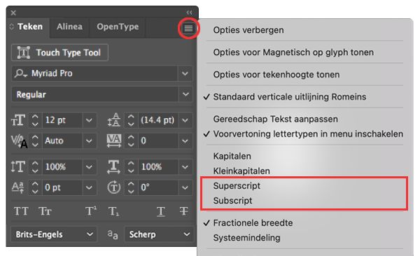 Opties Superscript of Subscript in het menu van het deelvenster Teken