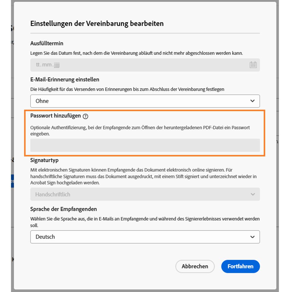 Hinzufügen von Kennwortkontrollen in den Vertragseinstellungen unterdrückt