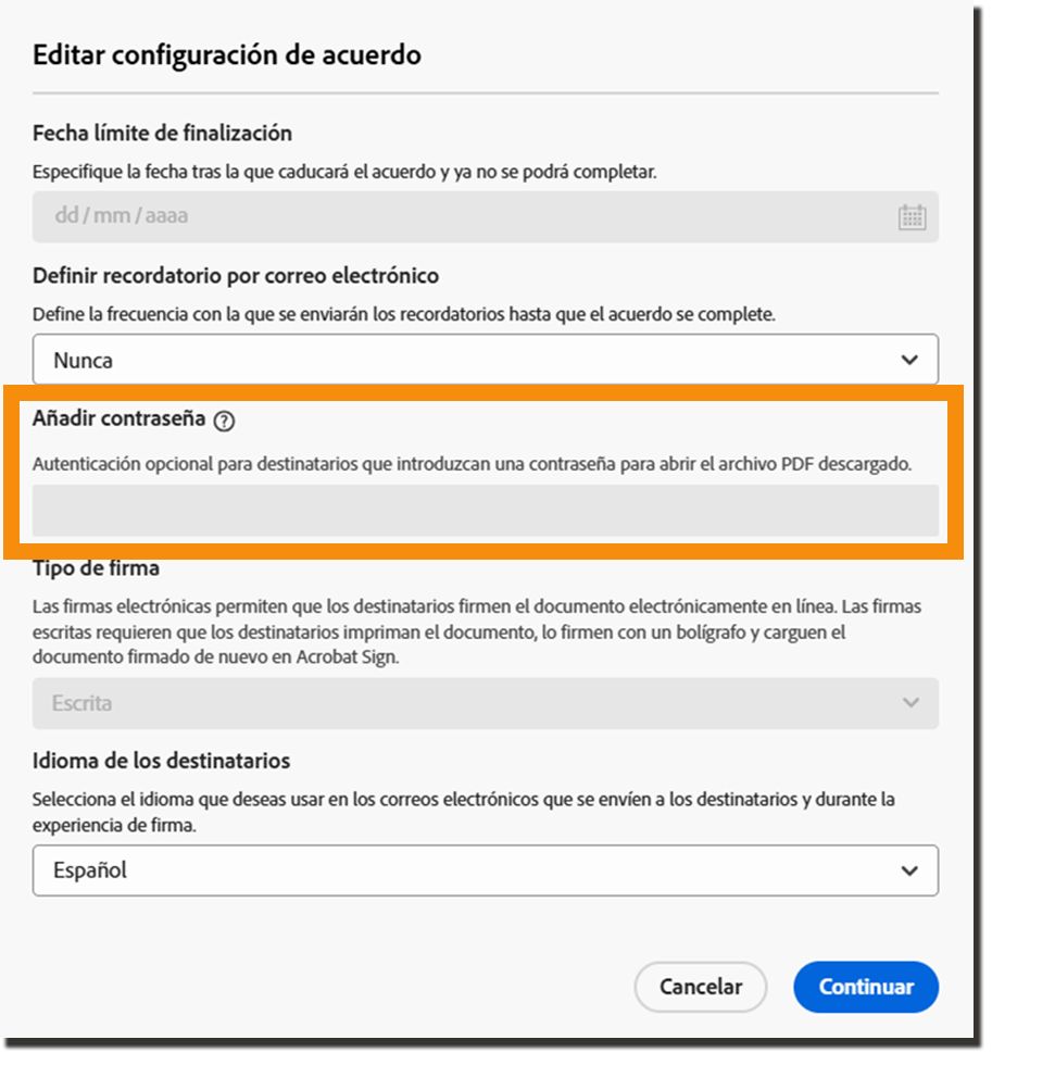 Adición de controles de contraseña en la configuración del acuerdo suprimida