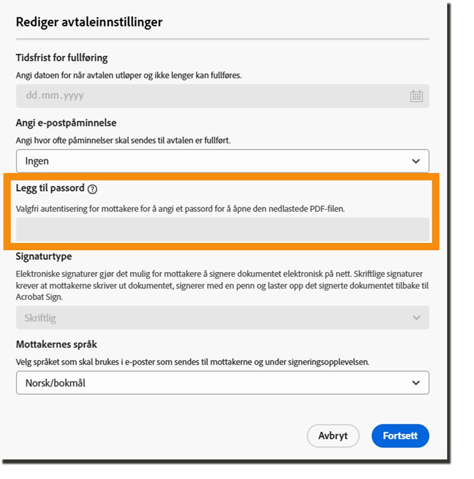 Legg til passordkontroller i Avtaleinnstillinger som undertrykkes