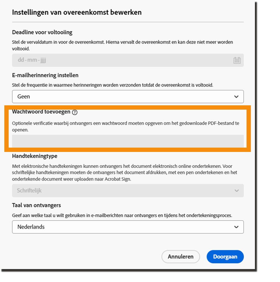 Wachtwoordbeheerelementen toevoegen in de overeenkomstinstellingen onderdrukt