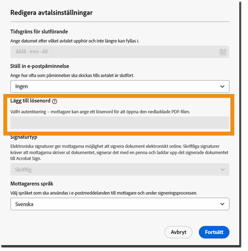 Lägg till lösenordskontroller i avtalsinställningarna som är inaktiverade