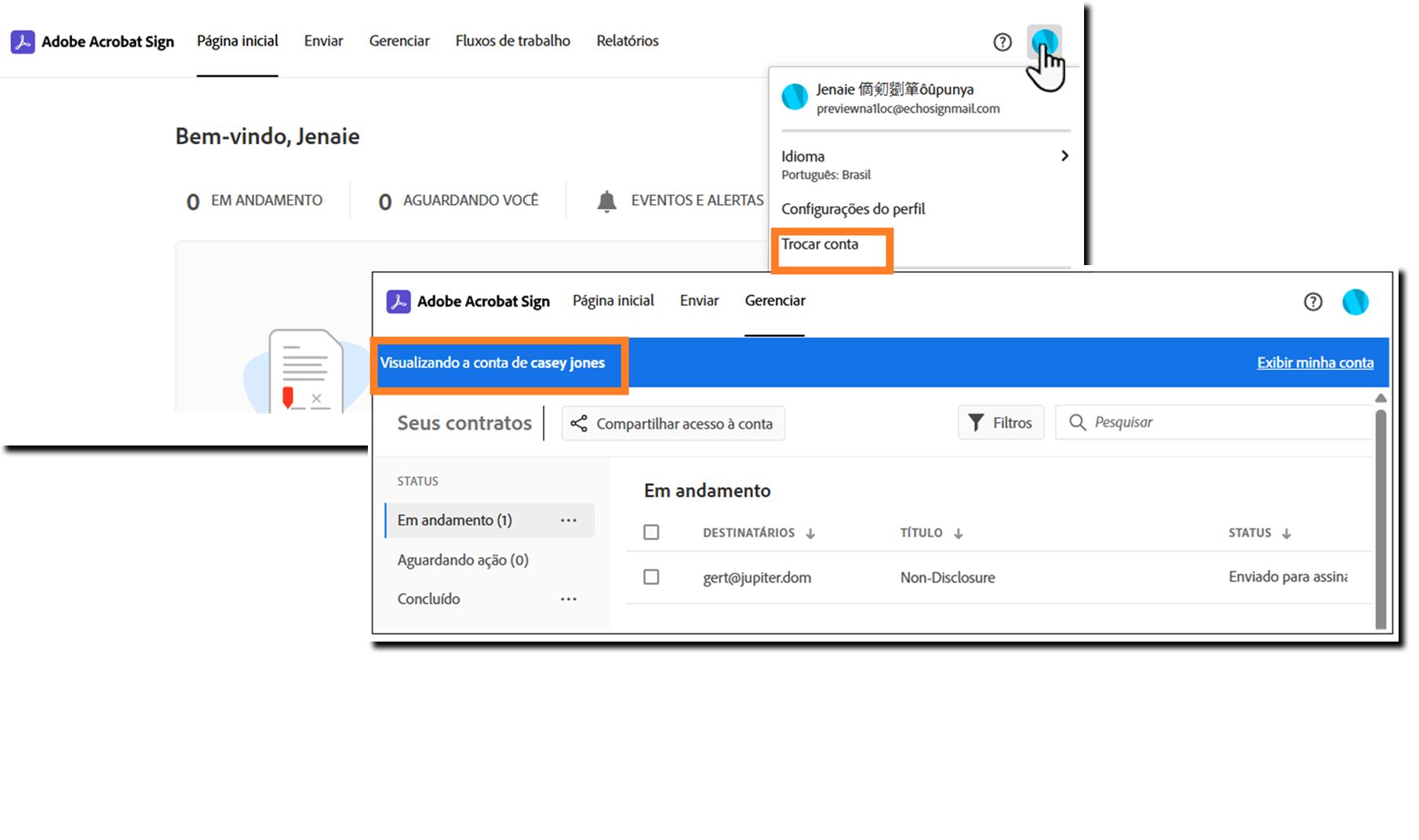O menu de perfil do usuário destacando a opção Alternar Conta