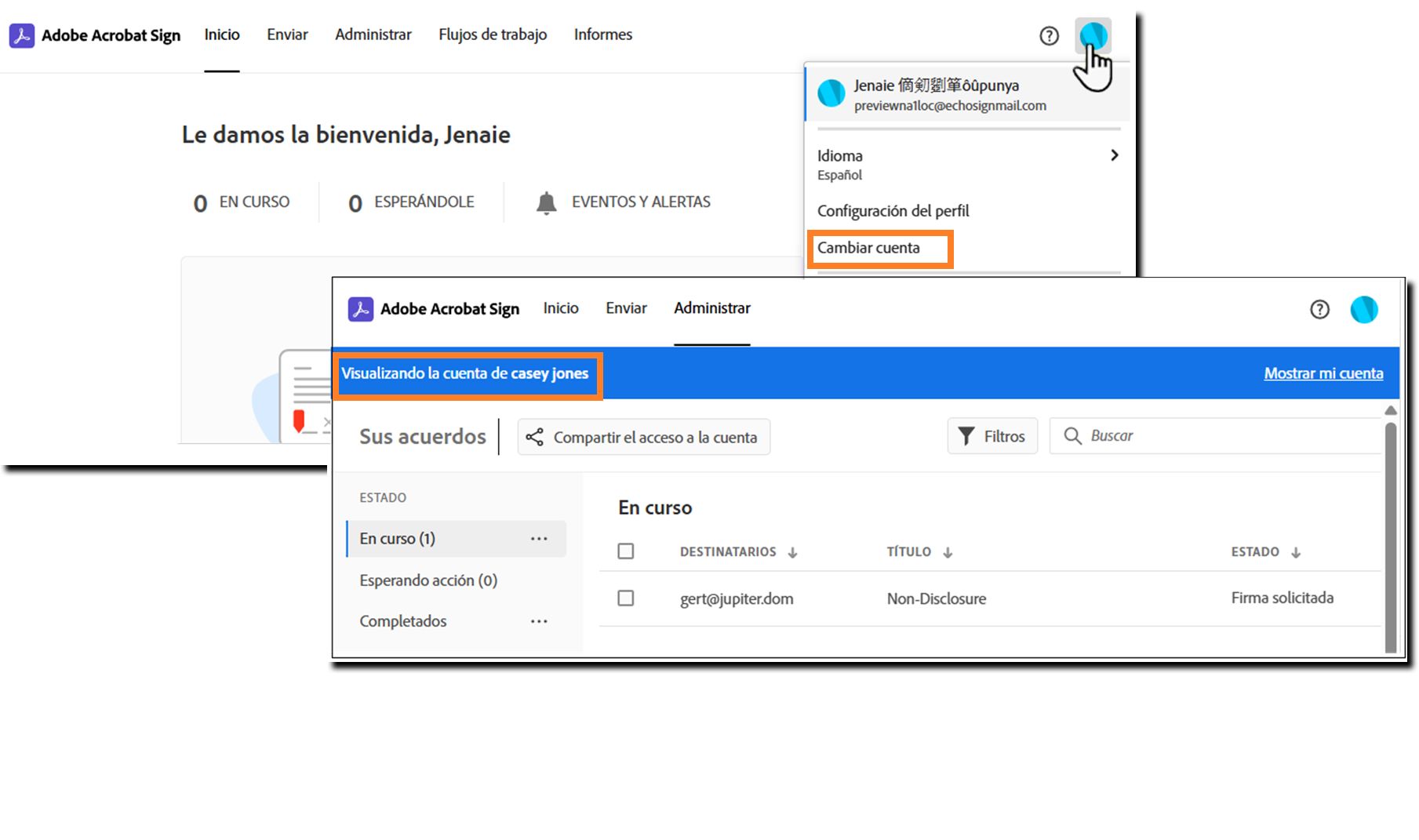 Menú de perfil del usuario resaltando la opción Cambiar cuenta