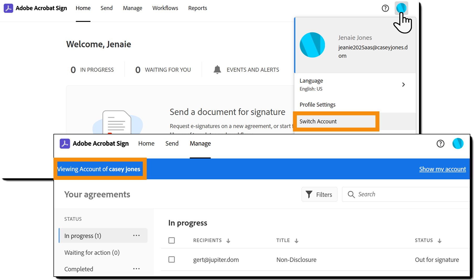 Le menu du profil de l’utilisateur mettant en évidence l’option Changer de compte
