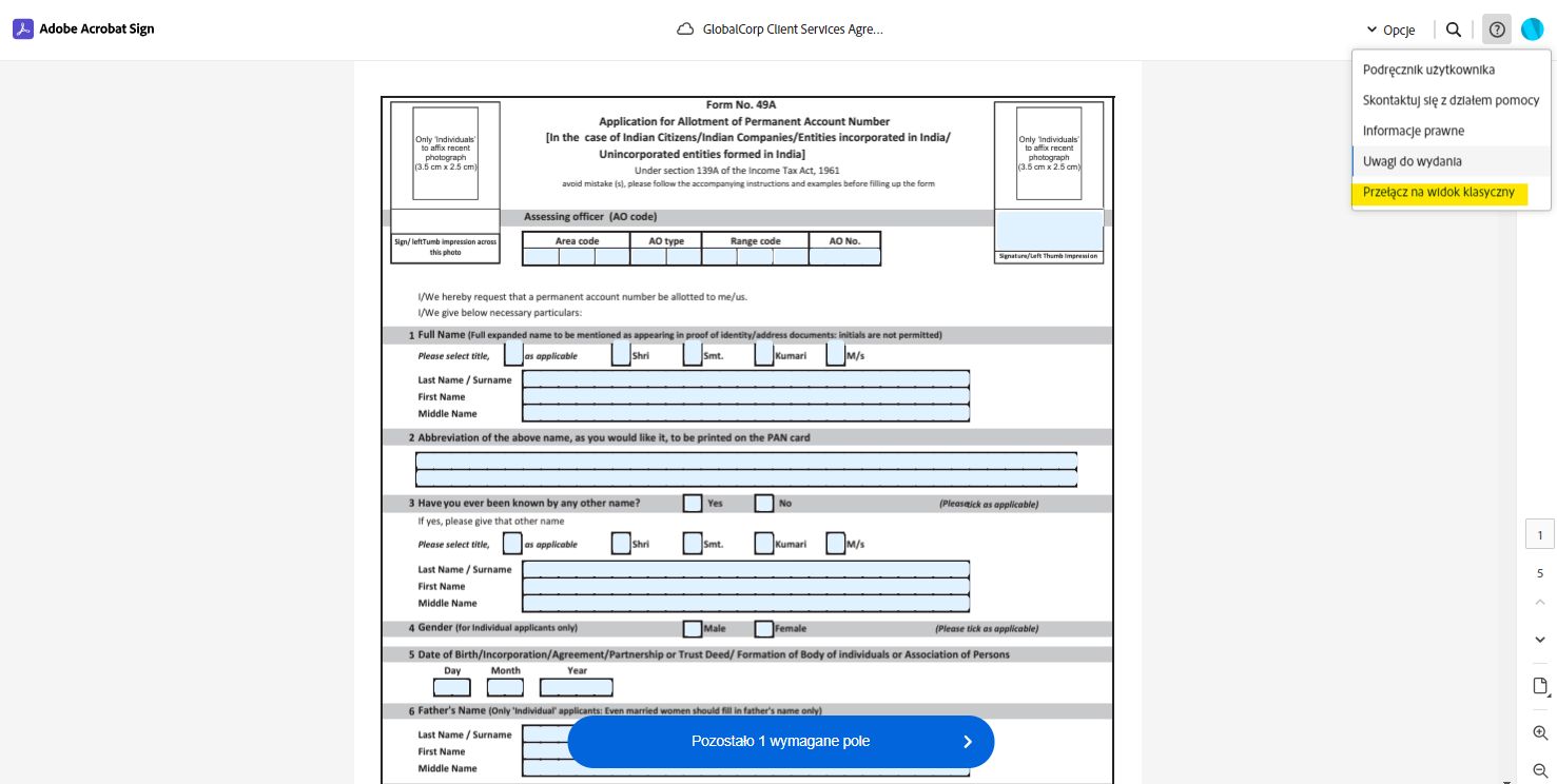 Strona podpisu elektronicznego z rozwiniętym menu i podświetloną opcją „Przełącz na widok klasyczny”.