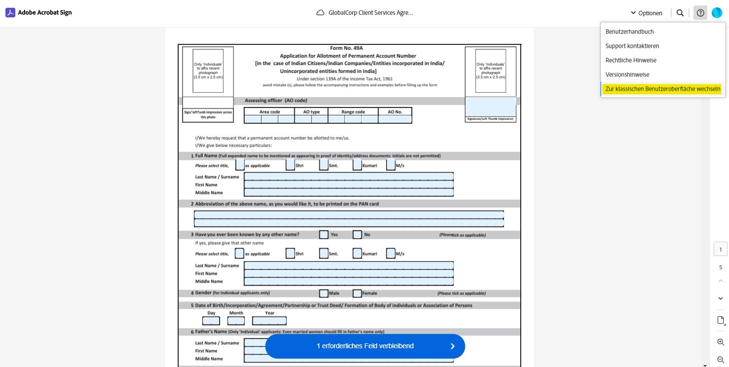 Die E-Signatur-Seite mit dem erweiterten Benutzermenü und der hervorgehobenen Option „Zum klassischen Erlebnis wechseln“