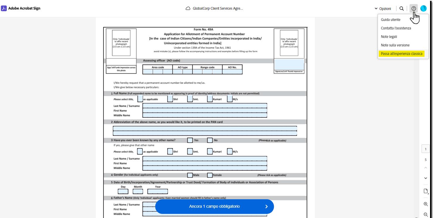 Pagina di firma elettronica con il menu utente espanso e l’opzione “Passa all’esperienza classica” evidenziata.