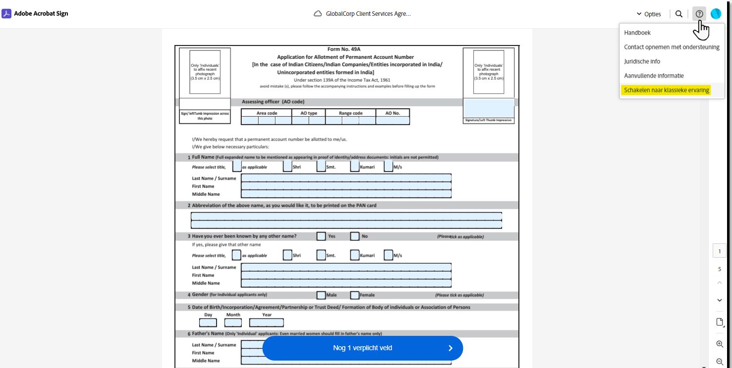 De pagina Elektronisch ondertekenen met het gebruikersmenu uitgevouwen en de optie Overschakelen naar klassieke ervaring gemarkeerd.