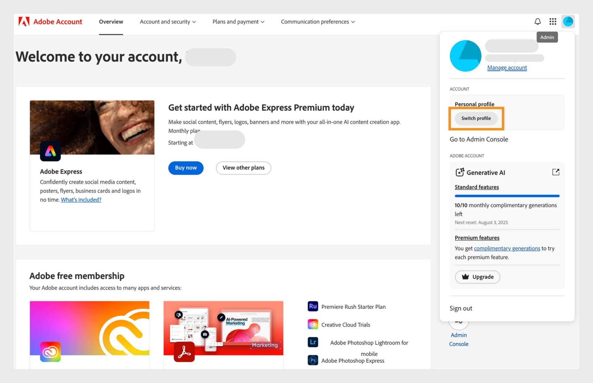 Adobe account showing a “Switch profile” link under the Personal profile section, allowing users to toggle between different Adobe profiles.