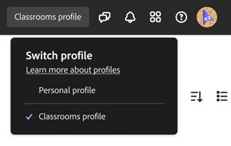   Profile switcher in the navigation bar of Adobe Express for Education, displaying two profile options: 'Personal' and 'Classroom.