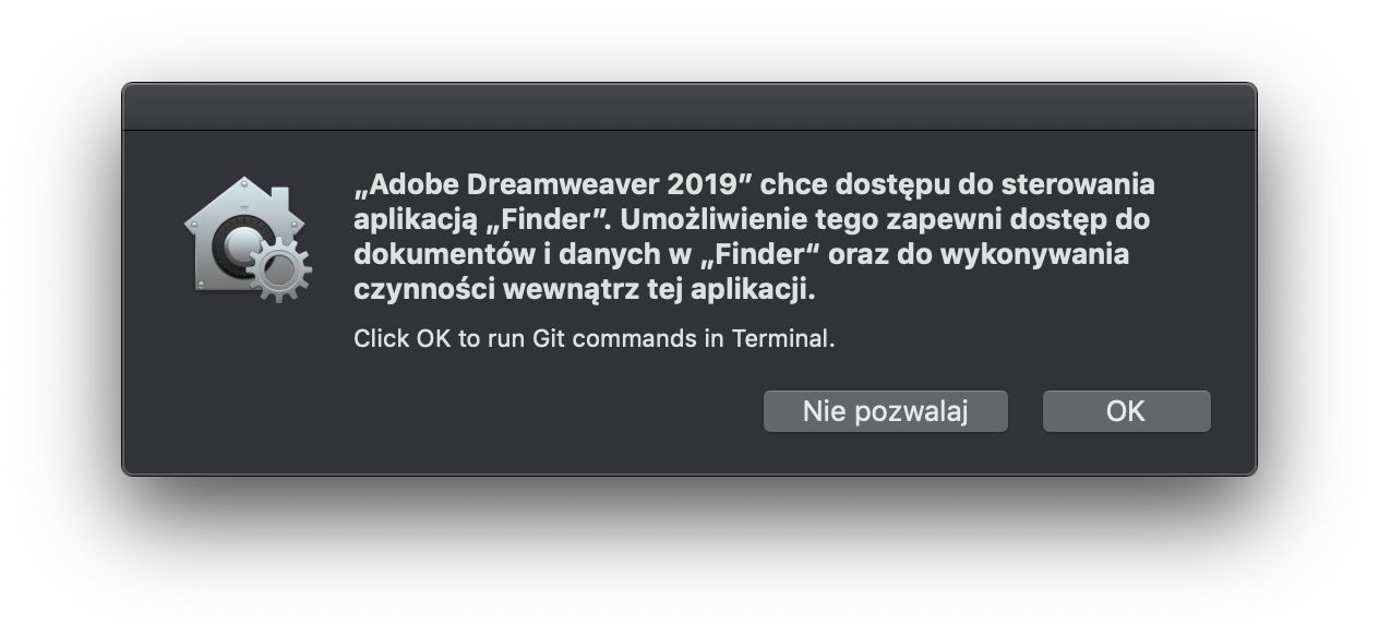 Okno dialogowe kontroli dostępu do programu Finder