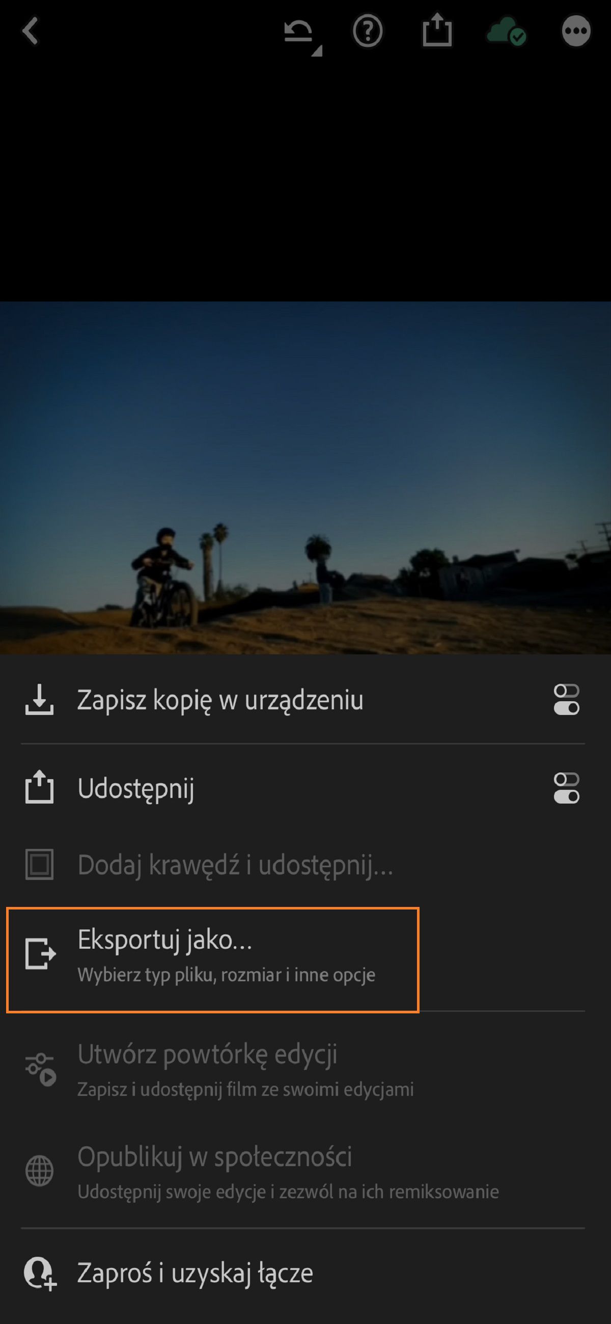 Ekran eksportu w programie Lightroom dla systemu iOS