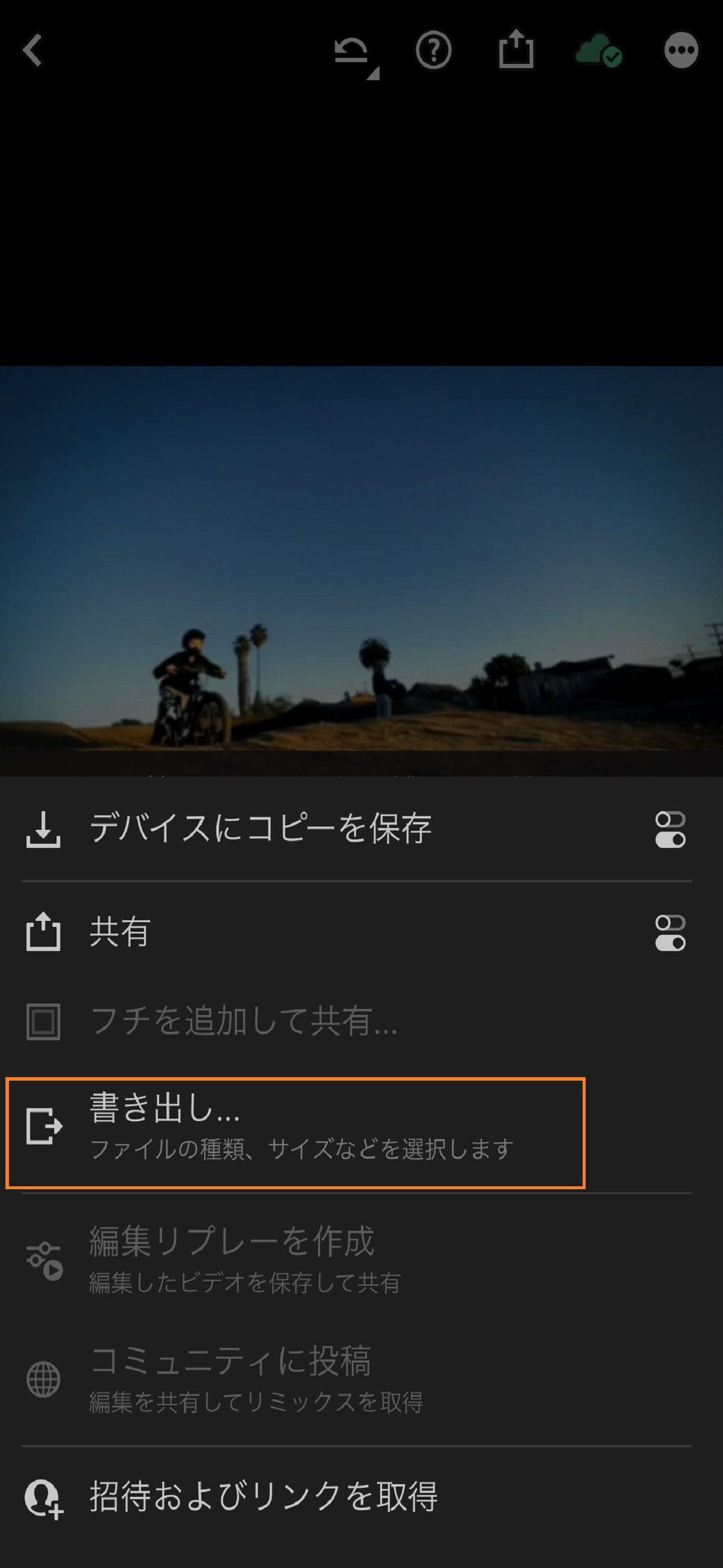 Lightroom（iOS）の書き出し画面