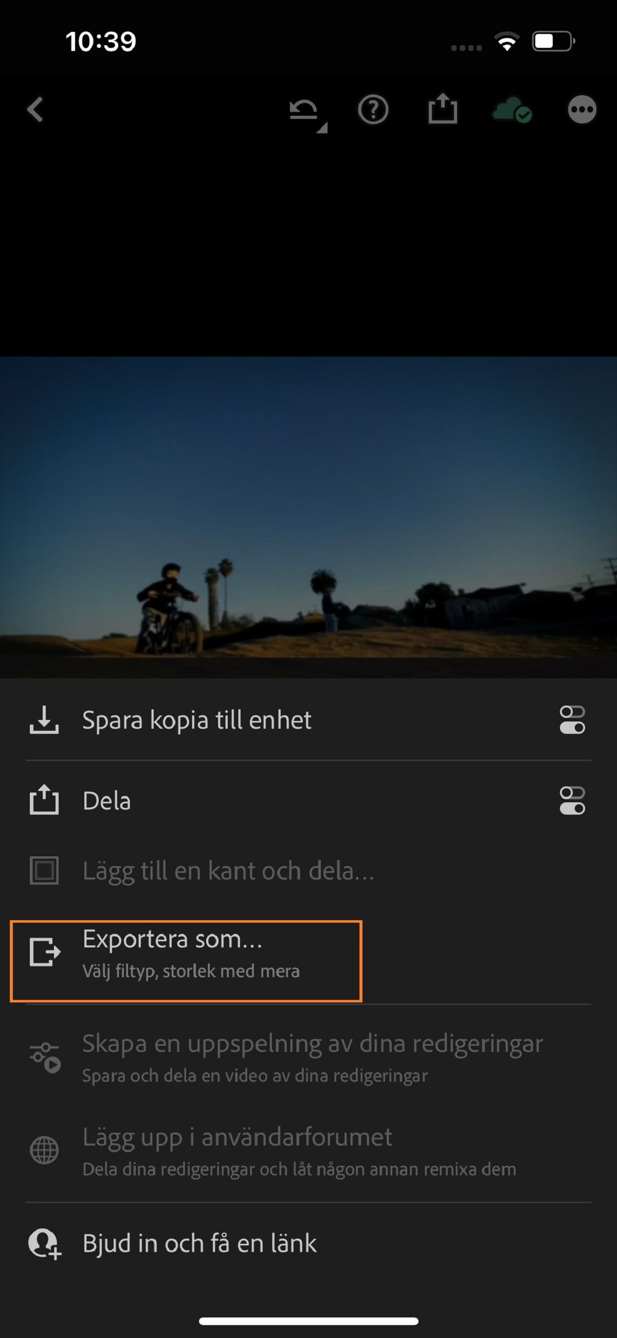 Skärmen Exportera i Lightroom för iOS