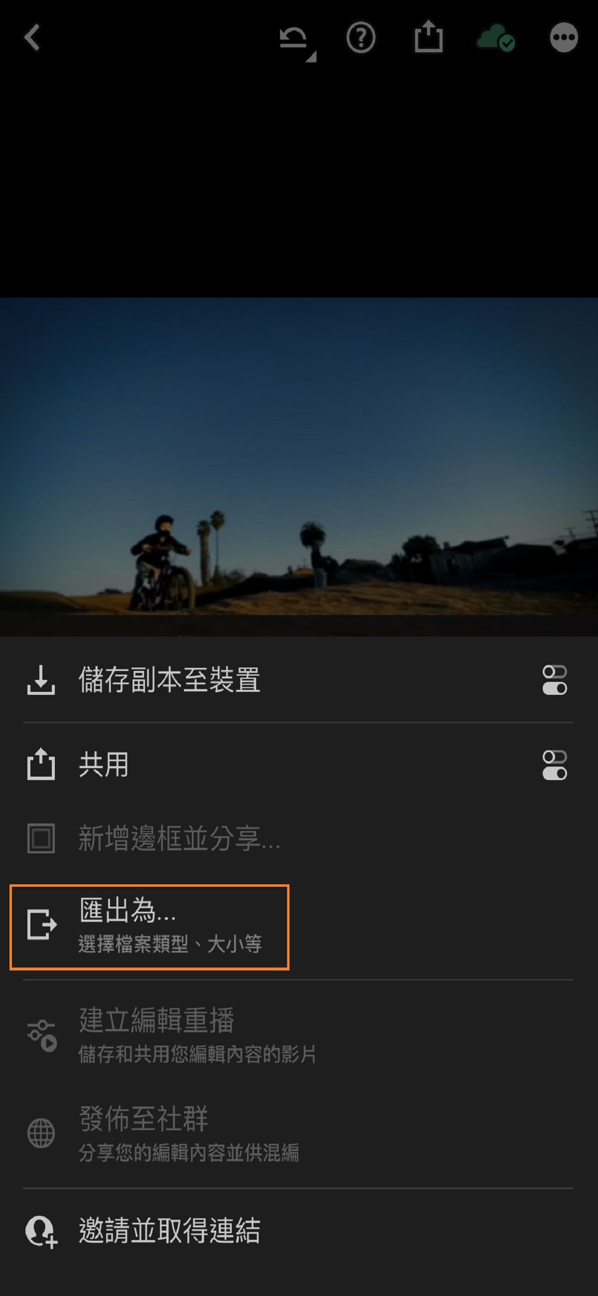 Lightroom iOS 版的「轉存」畫面