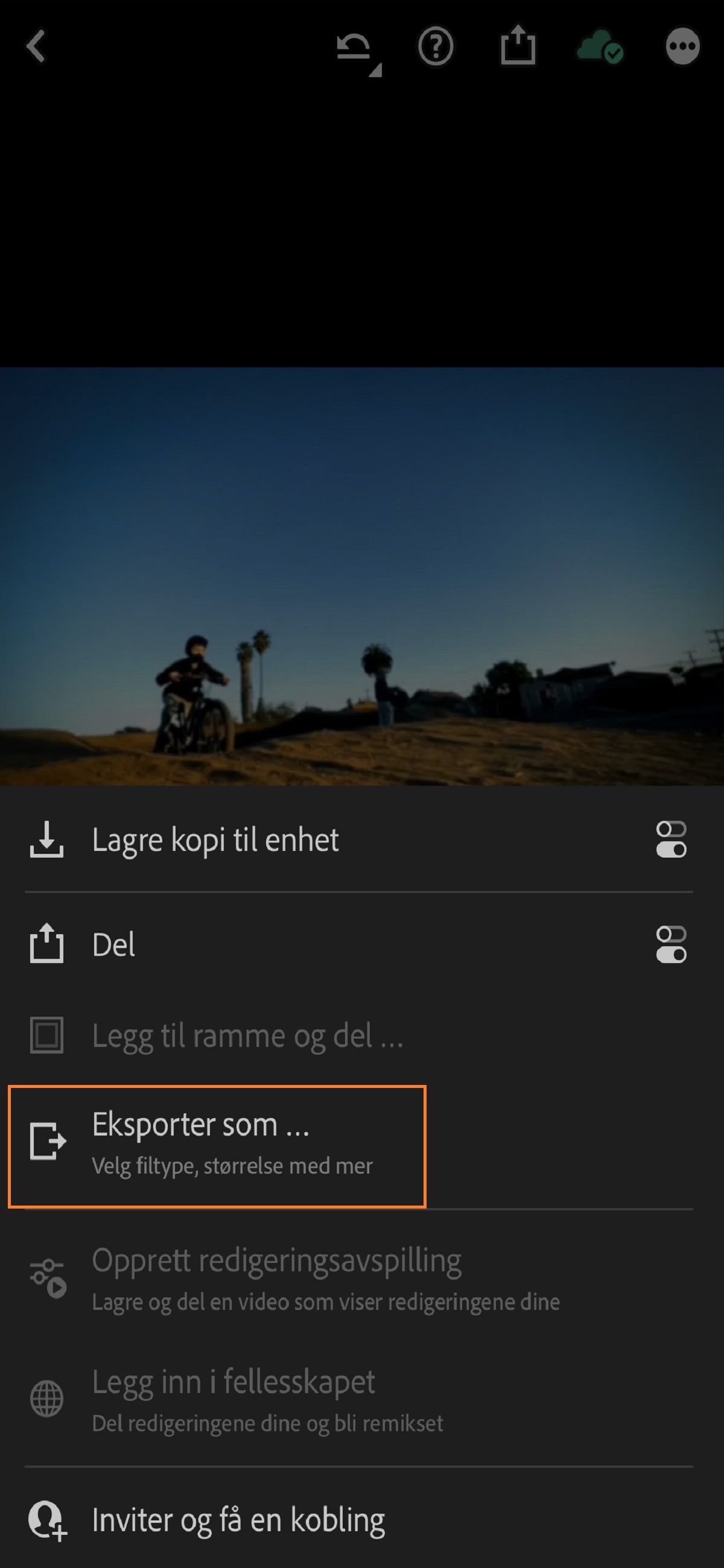 Eksportskjermbilde i Lightroom for iOS