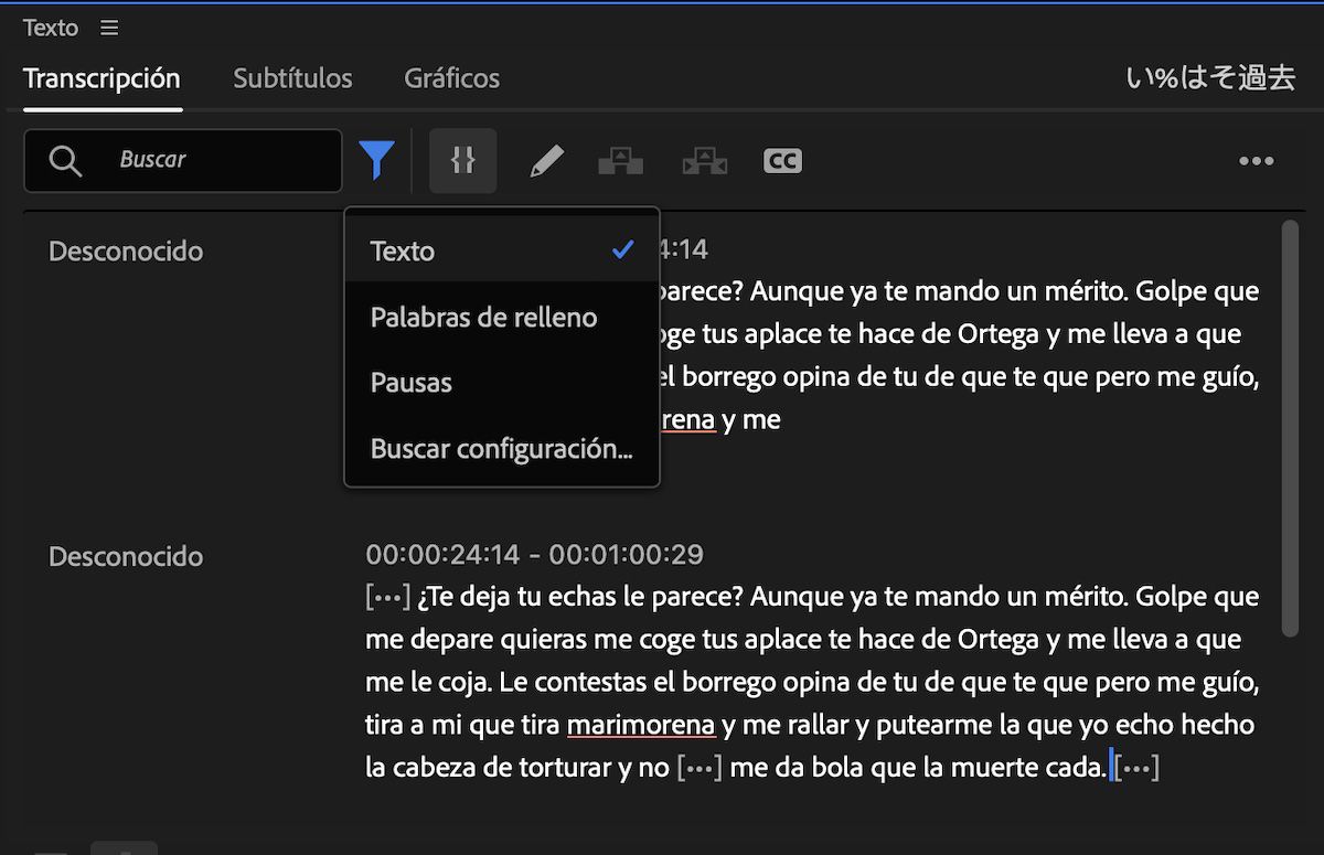 Se muestra la pestaña Transcripción del panel de Editar de Premiere Pro. Se selecciona el icono de filtro, que ofrece opciones para elegir entre Texto, Palabras de relleno y Pausas. La opción Texto está activada.