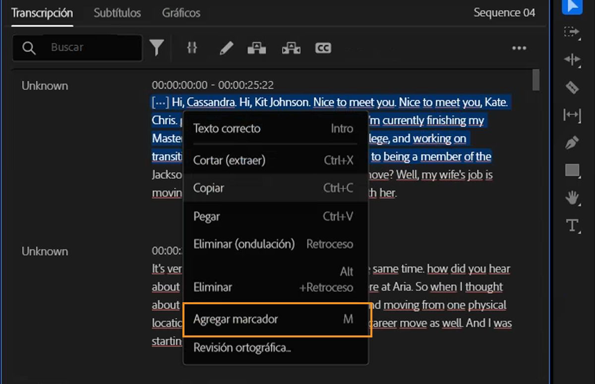 La IU se muestra como un texto resaltado en el panel Transcripción con Añadir Marcadores seleccionado en el menú.