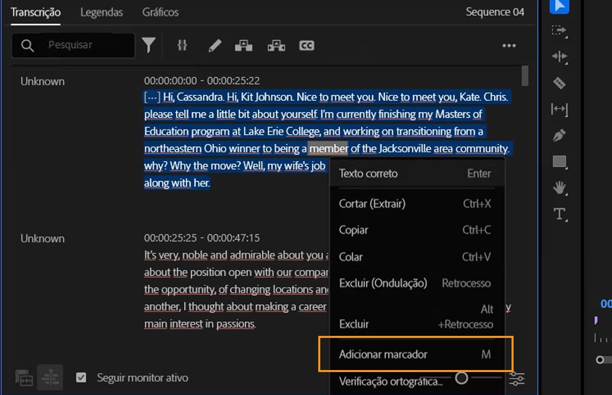 A interface mostra um texto realçado no painel “Transcrição” com a opção “Adicionar marcadores” selecionada no menu.