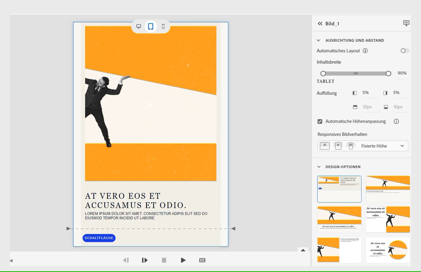 Dieses Bild zeigt die Änderung der Tablet-Ansicht durch Änderung von “flexDirection“ in „column“ an.