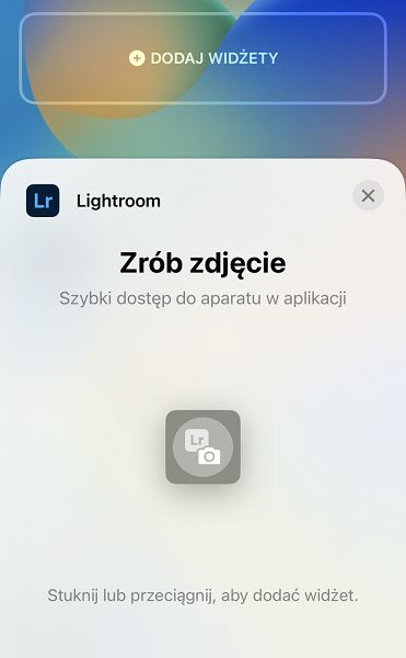 Zrzut ekranu widżetu ekranu blokady aparatu aplikacji Lightroom