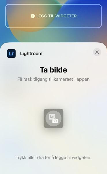 Skjermbilde av kontrollprogrammet for Lightroom-kameraet på låseskjermbildet