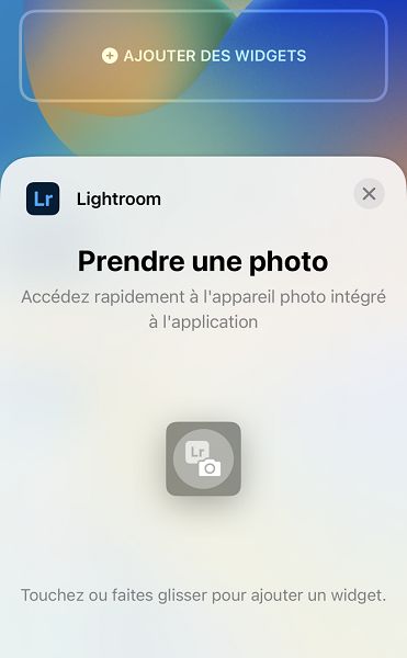 Copie d’écran du widget de l’écran de verrouillage de l’appareil photo Lightroom