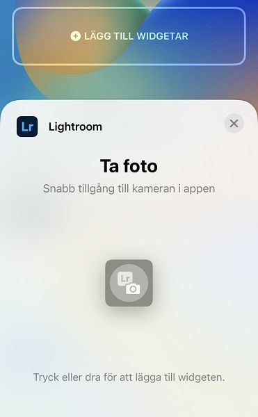 Skärmdump av Lightroom-kamerans låsskärmswidget