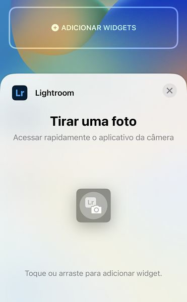 Captura de tela do widget da tela de bloqueio da câmera do Lightroom