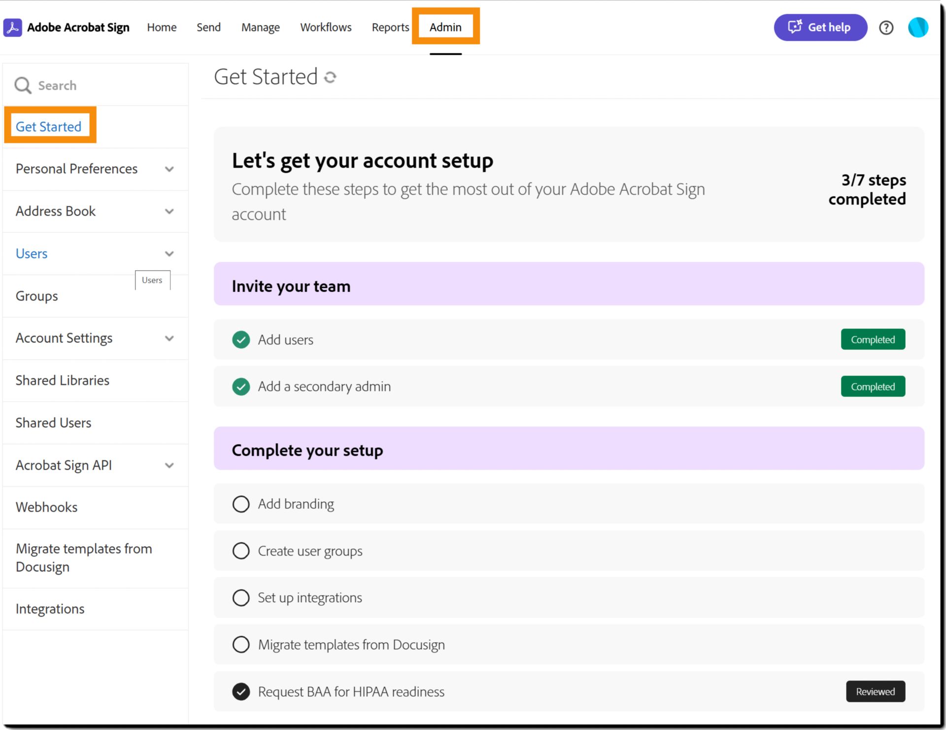 O submenu Primeiros passos na lista do menu de administração.