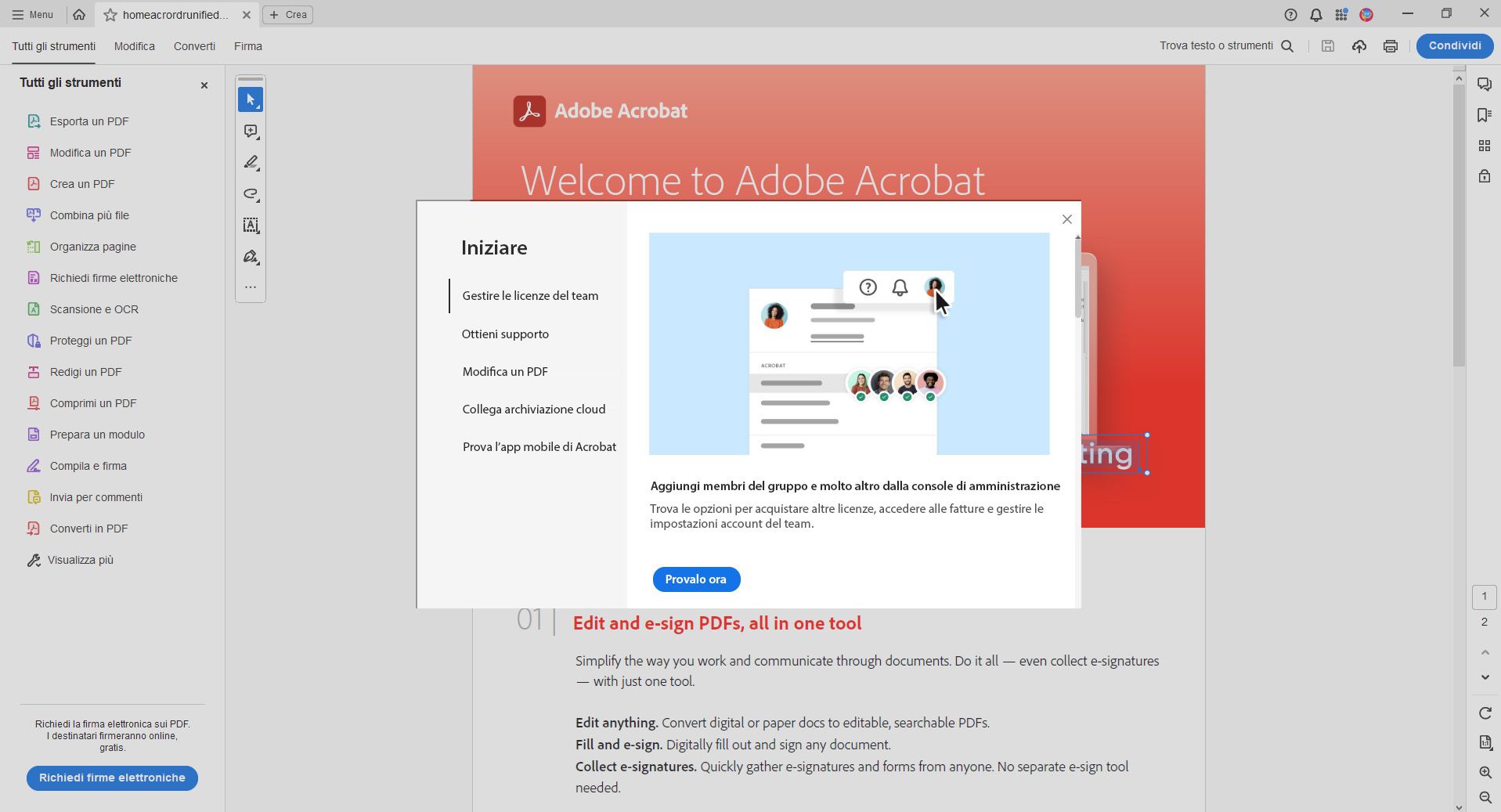 Esperienza di onboarding introduttiva per gli amministratori del team
