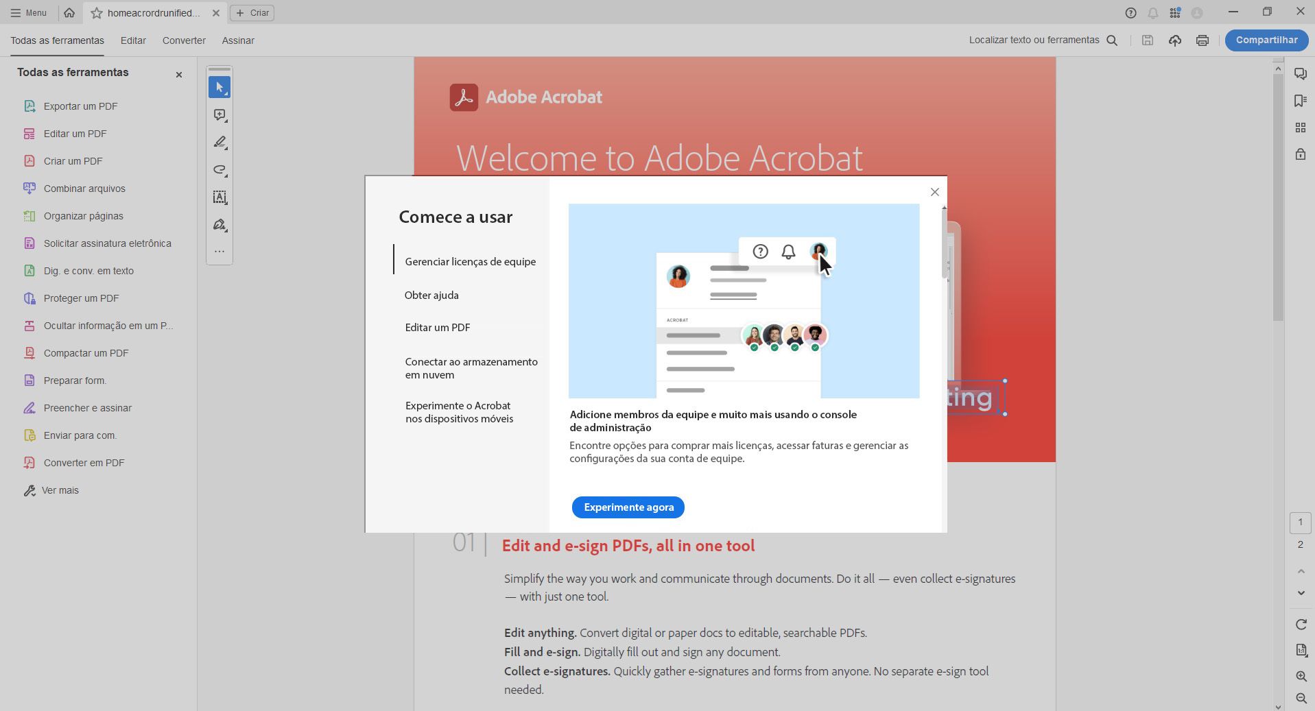 Introdução à experiência de integração para Administradores de equipe
