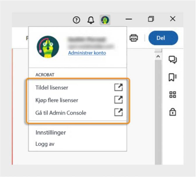 Gå til Admin Console, tilordne lisenser og mer fra Acrobat-profilen din